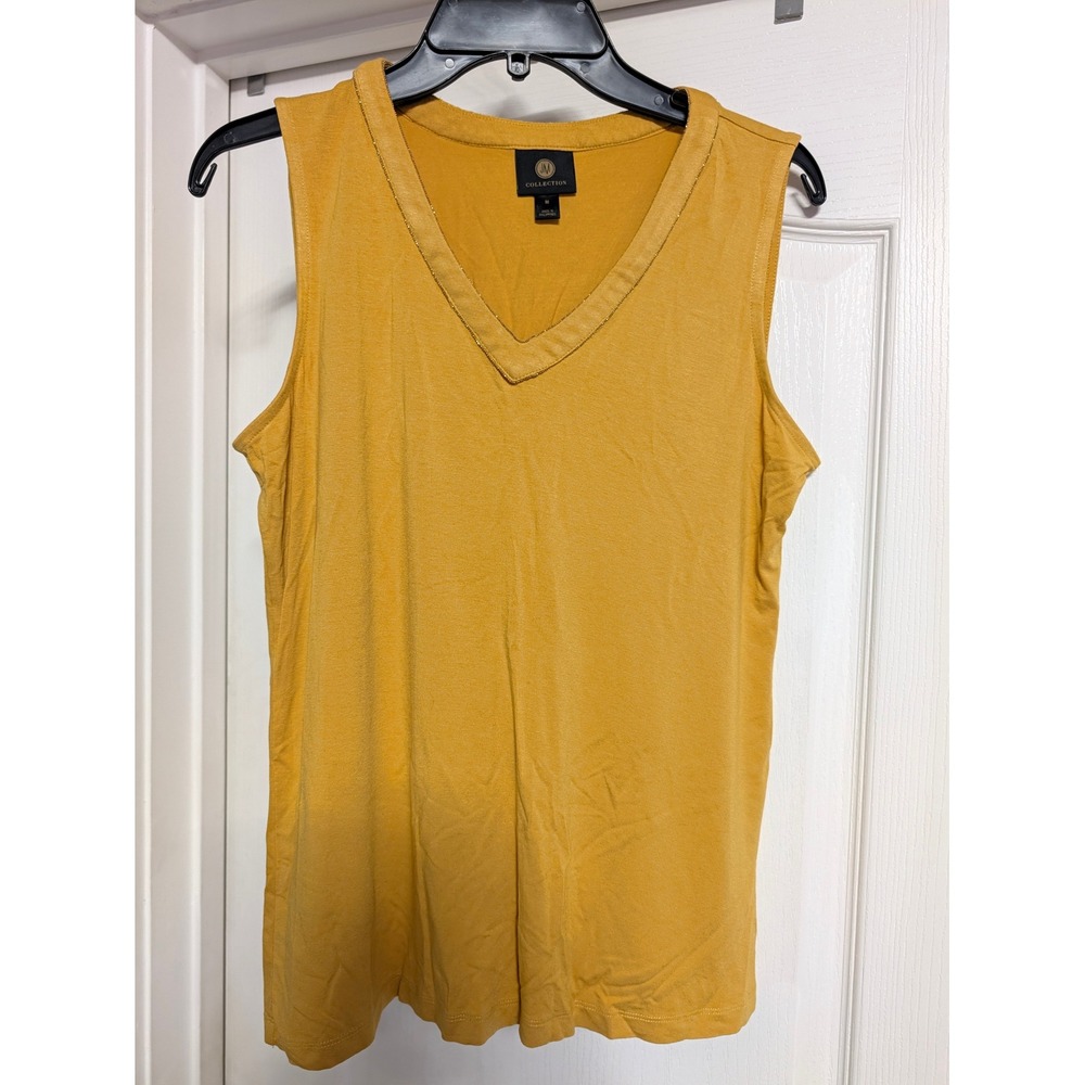 JM Collection Womens Mustard Yellow V-Neck Sleeveless Top Metallic Trim Size M